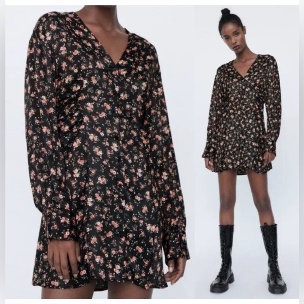 ZARA Floral Black knee length midi Dress women’s M